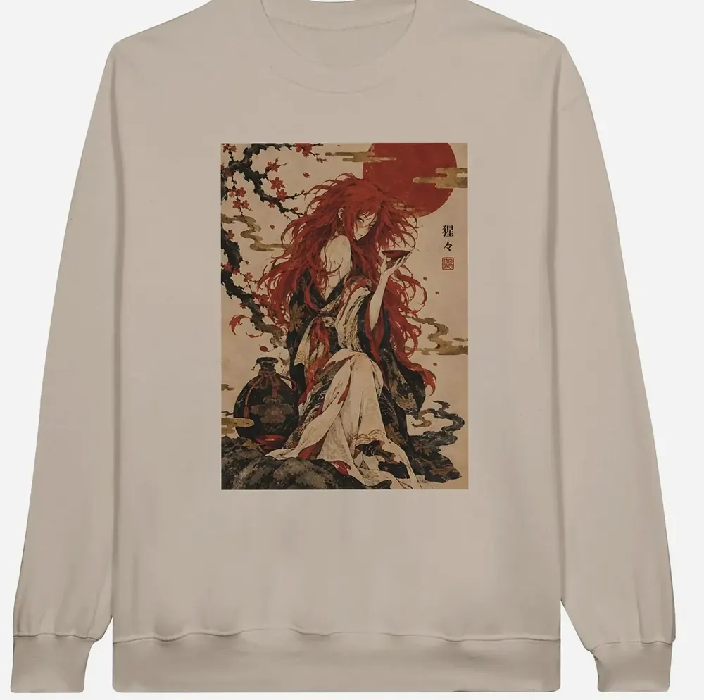 Sand-coloured crewneck sweatshirt with a red-haired yokai woman print