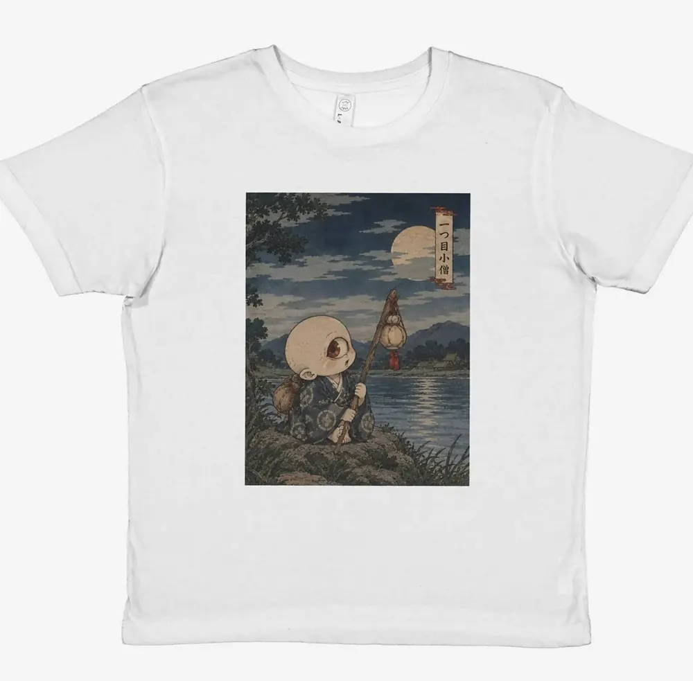 White children's T-shirt with a one-eyed yokai by a lake print